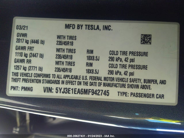 Tesla MODEL 3 2021 5YJ3E1EA6MF942745 Image 10
