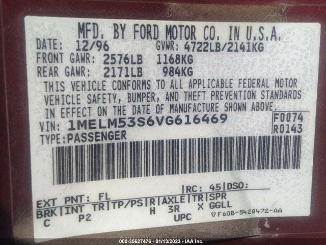 1997 MERCURY SABLE LS VIN: 1MELM53S6VG616469