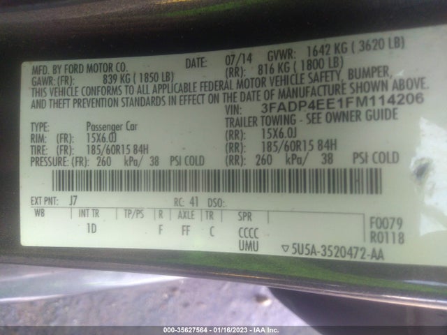 2015 FORD FIESTA SE VIN: 3FADP4EE1FM114206