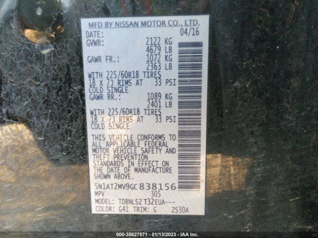 5N1AT2MV9GC838156 Nissan Rogue Sl