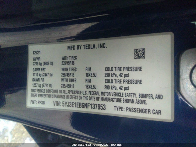 Tesla Model 3 Long Range 2022 5YJ3E1EB6NF137953 Image 11