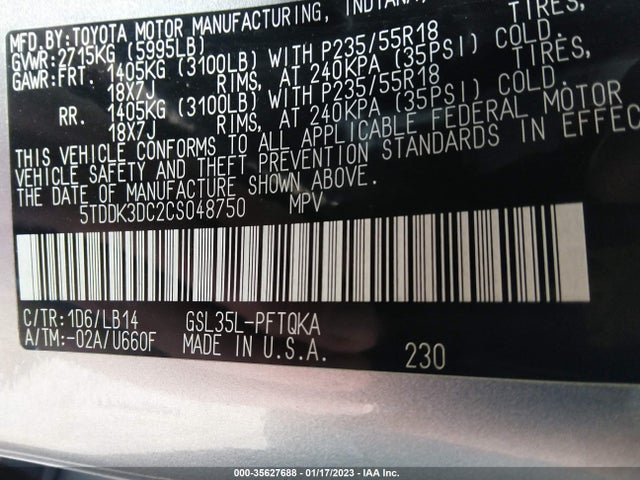2012 TOYOTA SIENNA XLE/LTD VIN: 5TDDK3DC2CS048750