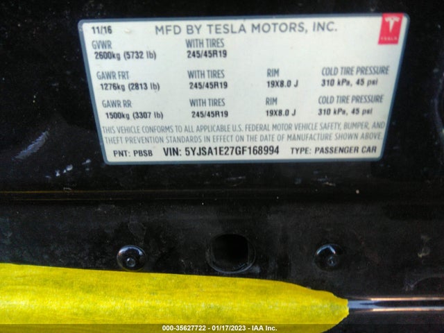 2016 Tesla Model S, VIN: 5YJSA1E27GF168994