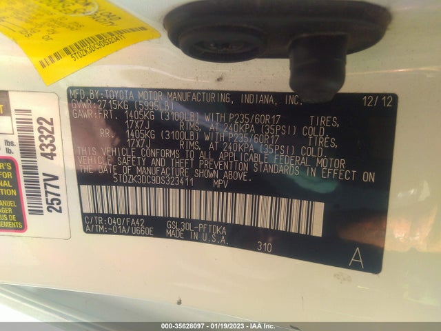 Aukcja sprzedaży 2013 Toyota Sienna L, vin: 5TDZK3DC9DS323411, numer aukcji: 35628097