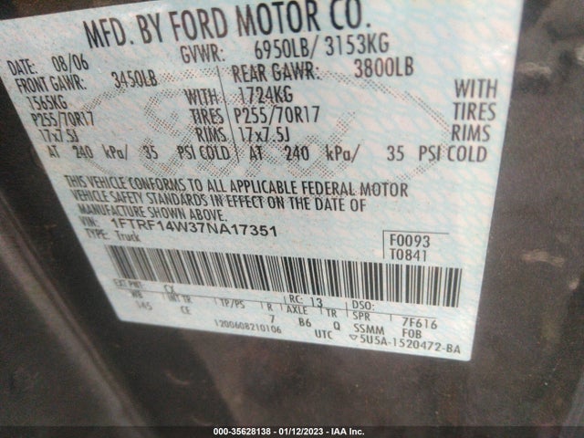 2007 FORD F-150 XL/STX/XLT VIN: 1FTRF14W37NA17351