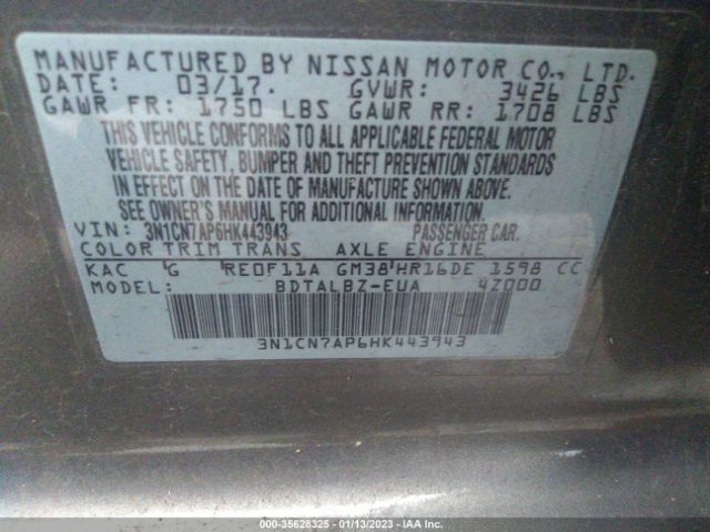 3N1CN7AP6HK443943 Nissan Versa Sedan Sv