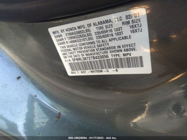 2007 HONDA ODYSSEY EX-L VIN: 5FNRL38727B433056
