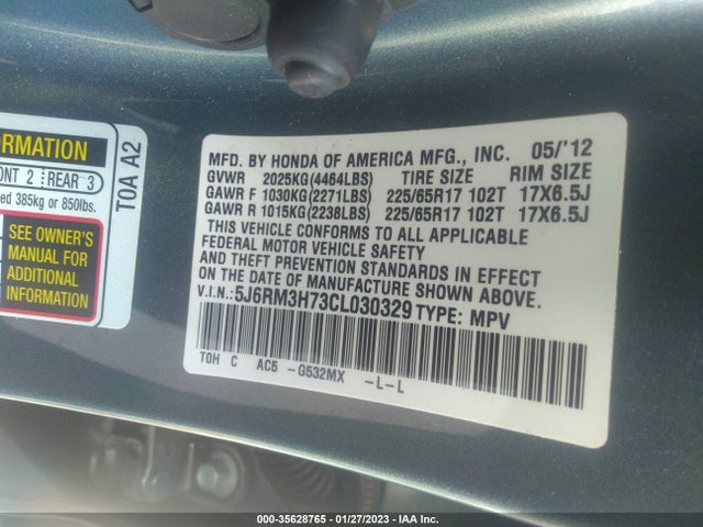 2012 HONDA CR-V EX-L VIN: 5J6RM3H73CL030329