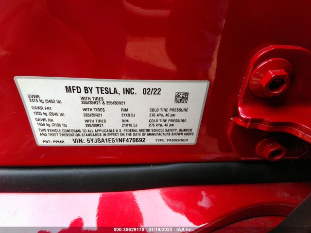 2022 Tesla Model S, VIN: 5YJSA1E51NF470692