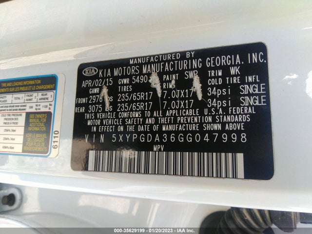 2016 KIA SORENTO LX VIN: 5XYPGDA36GG047998