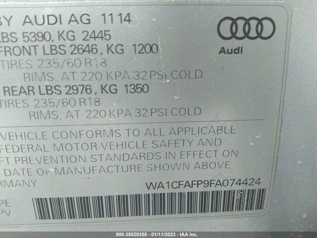 2015 AUDI Q5 PREMIUM VIN: WA1CFAFP9FA074424