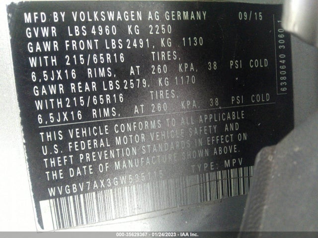 WVGBV7AX3GW535115 Volkswagen TIGUAN S