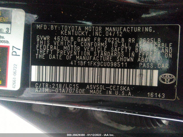 2012 TOYOTA CAMRY L/LE/SE/XLE VIN: 4T1BF1FK9CU098511