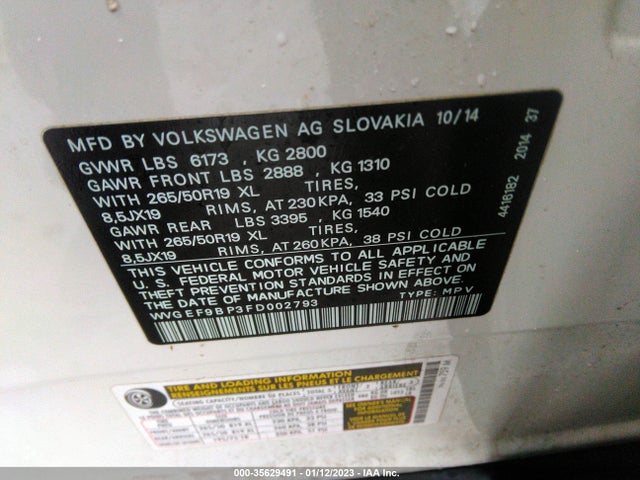 2015 Volkswagen Touareg, VIN: WVGEF9BP3FD002793