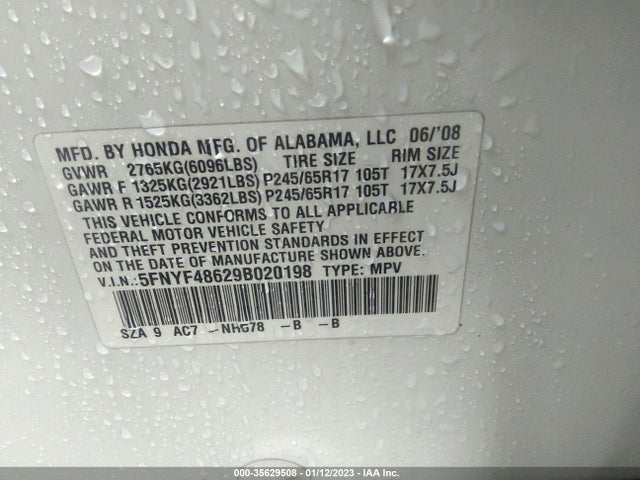 2009 HONDA PILOT EX-L VIN: 5FNYF48629B020198