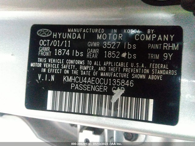 2012 HYUNDAI ACCENT GLS VIN: KMHCU4AE0CU135846