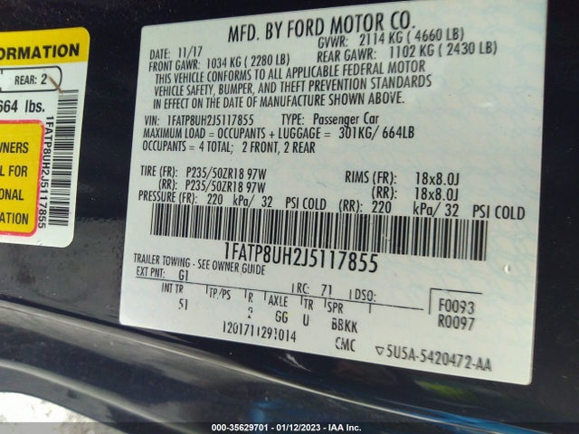 2018 FORD MUSTANG ECOBOOST VIN: 1FATP8UH2J5117855