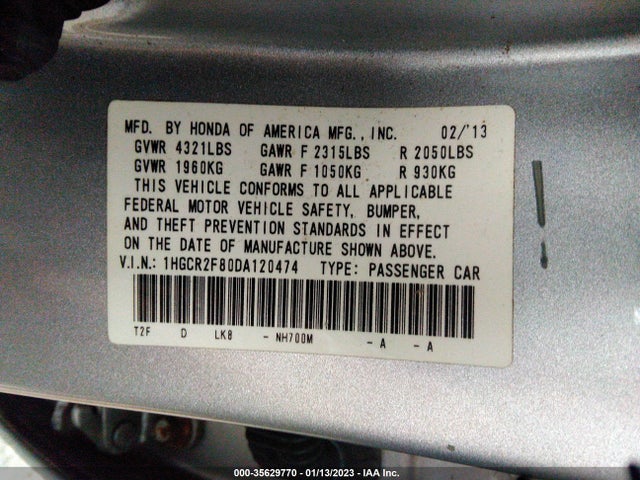 2013 HONDA ACCORD SDN EX-L VIN: 1HGCR2F80DA120474