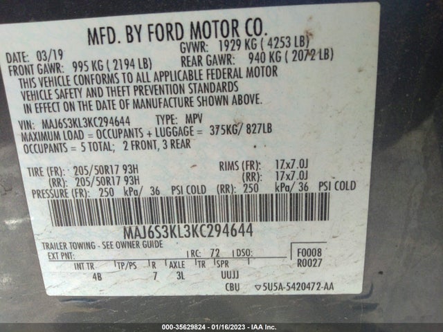 2019 FORD ECOSPORT TITANIUM VIN: MAJ6S3KL3KC294644