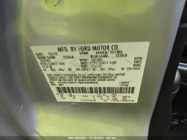 2011 FORD ESCAPE LIMITED VIN: 1FMCU0E71BKA65952
