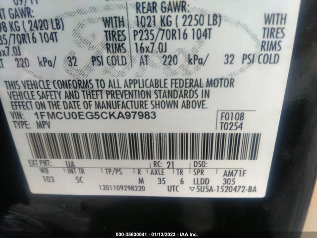 2012 FORD ESCAPE LIMITED VIN: 1FMCU0EG5CKA97983