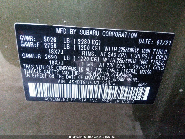 2022 Subaru Outback, VIN: 4S4BTGLD0N3123855