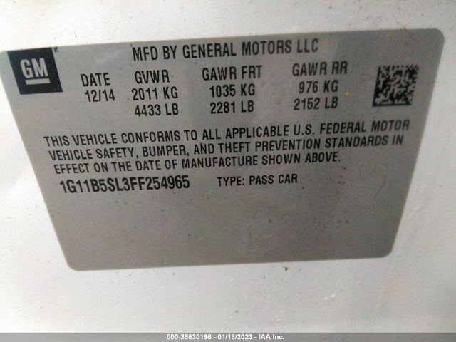 2015 CHEVROLET MALIBU LS VIN: 1G11B5SL3FF254965