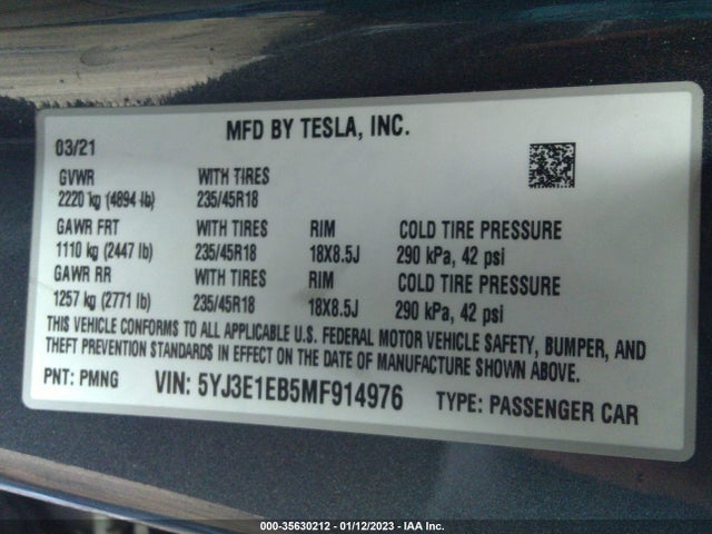 Tesla Model 3 Long Range 2021 5YJ3E1EB5MF914976 Image 10