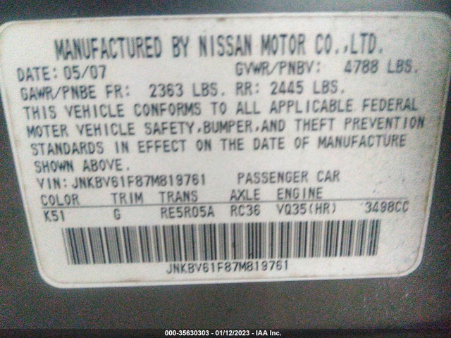 Aukcja sprzedaży 2007 Infiniti G35 Sedan G35x, vin: JNKBV61F87M819761, numer aukcji: 35630303