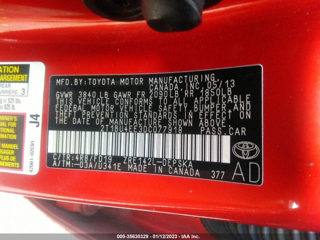 2013 TOYOTA COROLLA L/LE/S VIN: 2T1BU4EE3DC077918
