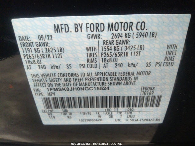 2022 Ford Explorer Timberline მანქანა იყიდება აუქციონზე, vin: 1FMSK8JH0NGC15524, აუქციონის ნომერი: 35630368