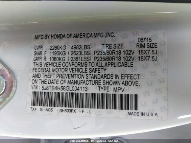 5J8TB4H58GL004113 Acura Rdx Tech Pkg/tech
