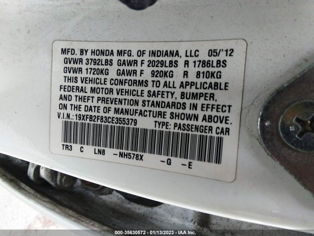 2012 HONDA CIVIC SDN EX VIN: 19XFB2F83CE355379