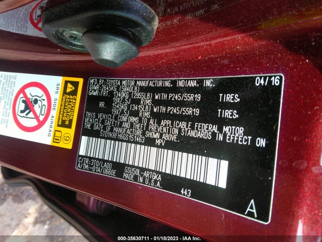 2016 TOYOTA HIGHLANDER LIMITED VIN: 5TDYKRFH6GS151463