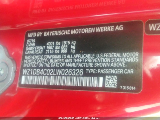 2020 Toyota Supra, VIN: WZ1DB4C02LW026326