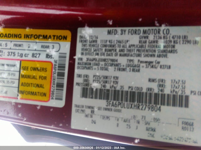 2017 FORD FUSION HYBRID SE VIN: 3FA6P0LUXHR279804