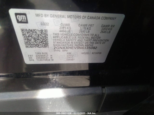 Продажа на аукционе авто 2022 Chevrolet Equinox Ls, vin: 2GNAXHEV9N6135082, номер лота: 35631026
