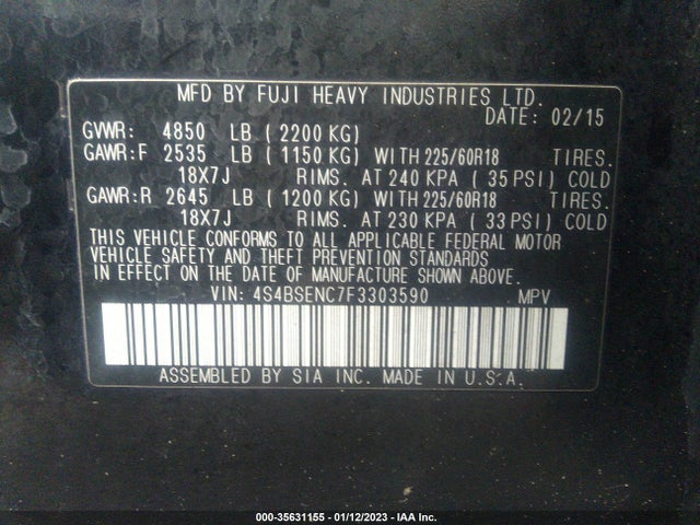 4S4BSENC7F3303590 Subaru Outback 3.6r Limited