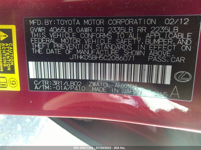Lexus CT 200H 2012 JTHKD5BH5C2086071 Image 9