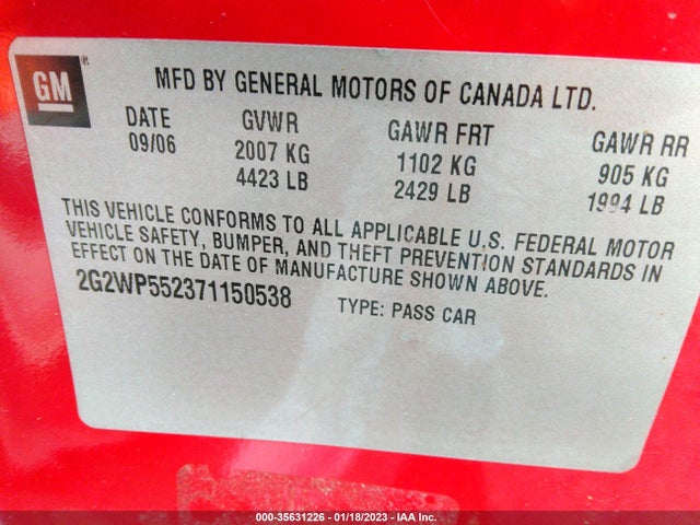 2007 PONTIAC GRAND PRIX VIN: 2G2WP552371150538