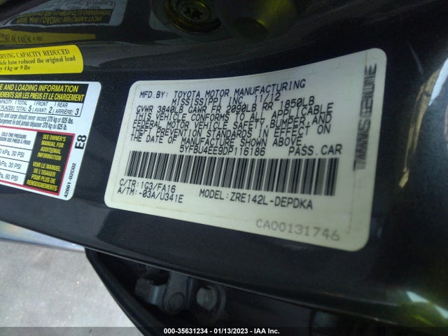 2013 TOYOTA COROLLA L/LE/S VIN: 5YFBU4EE9DP116186