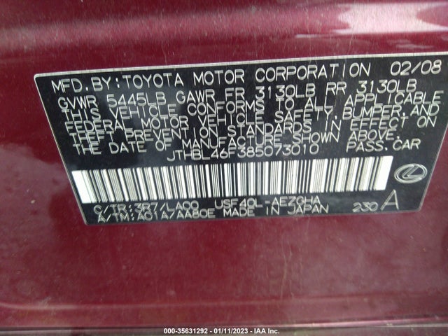 2008 LEXUS LS 460 VIN: JTHBL46F385073010