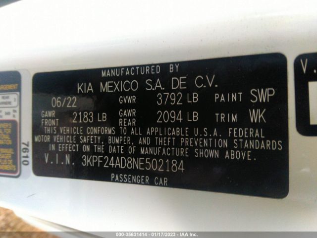 3KPF24AD8NE502184 KIA Forte Lxs