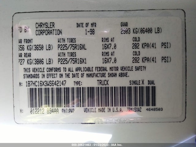 1998 DODGE RAM 1500 VIN: 1B7HC16X3WS642147