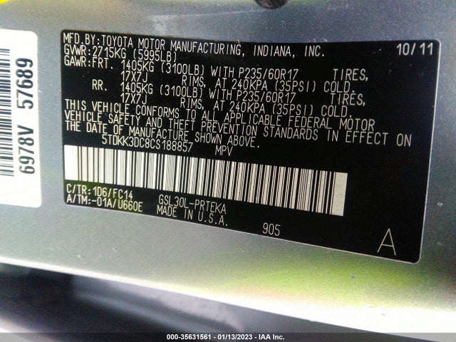 2012 TOYOTA SIENNA LE VIN: 5TDKK3DC8CS188857