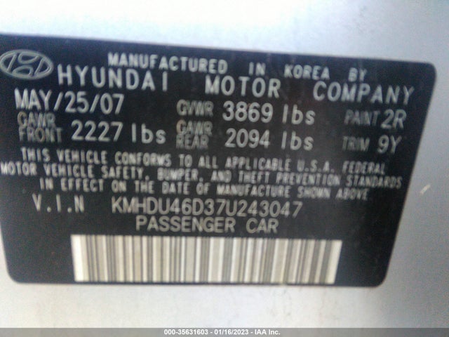 2007 HYUNDAI ELANTRA GLS/SE/LTD VIN: KMHDU46D37U243047