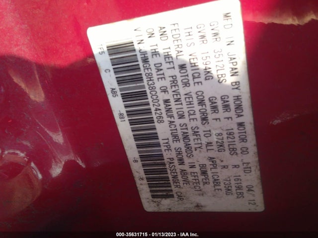 2012 HONDA FIT VIN: JHMGE8H38CC024268