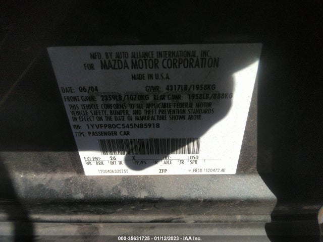 2004 MAZDA MAZDA6 I VIN: 1YVFP80C545N85918