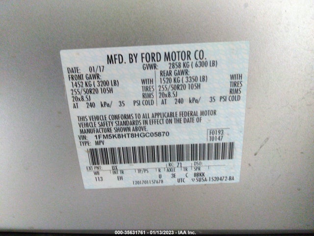 2017 FORD EXPLORER PLATINUM VIN: 1FM5K8HT8HGC05870