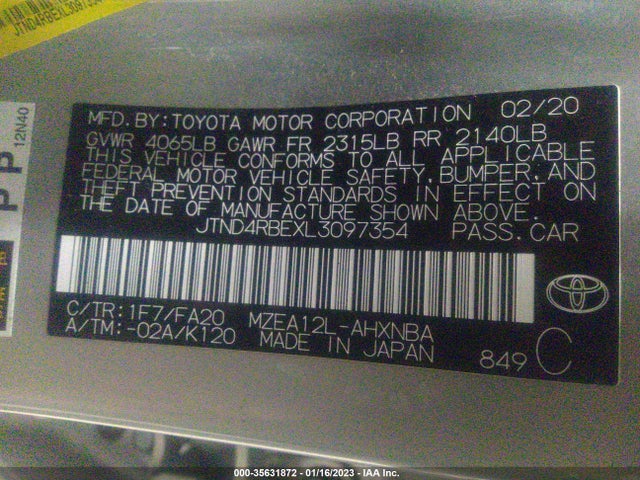 2020 TOYOTA COROLLA HATCHBACK SE/XSE/NIGHTSHADE VIN: JTND4RBEXL3097354